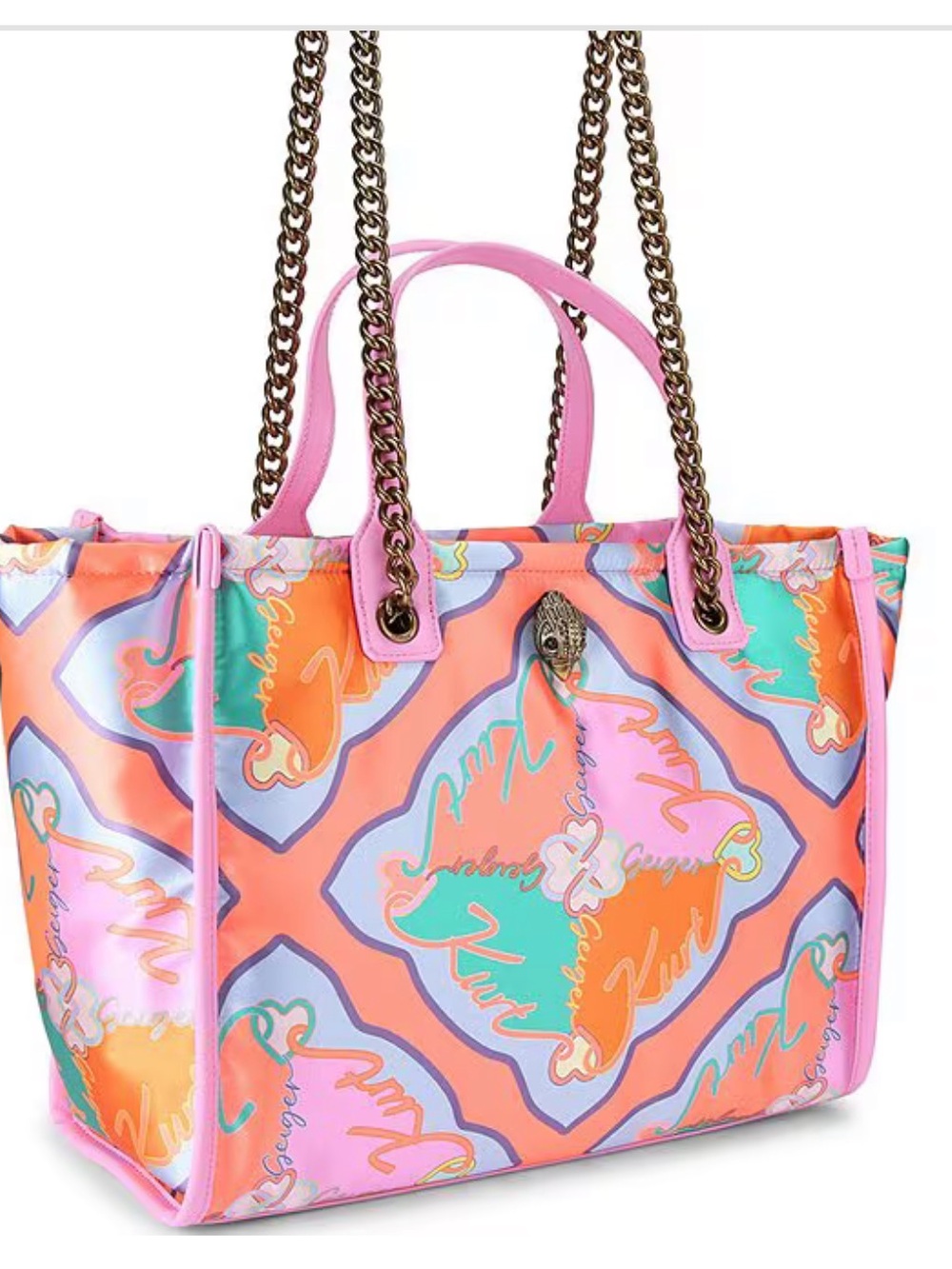 New Rare Kurt Geiger London Hoxton Shopper Tote Bag Pink Neon Print Eagle Head